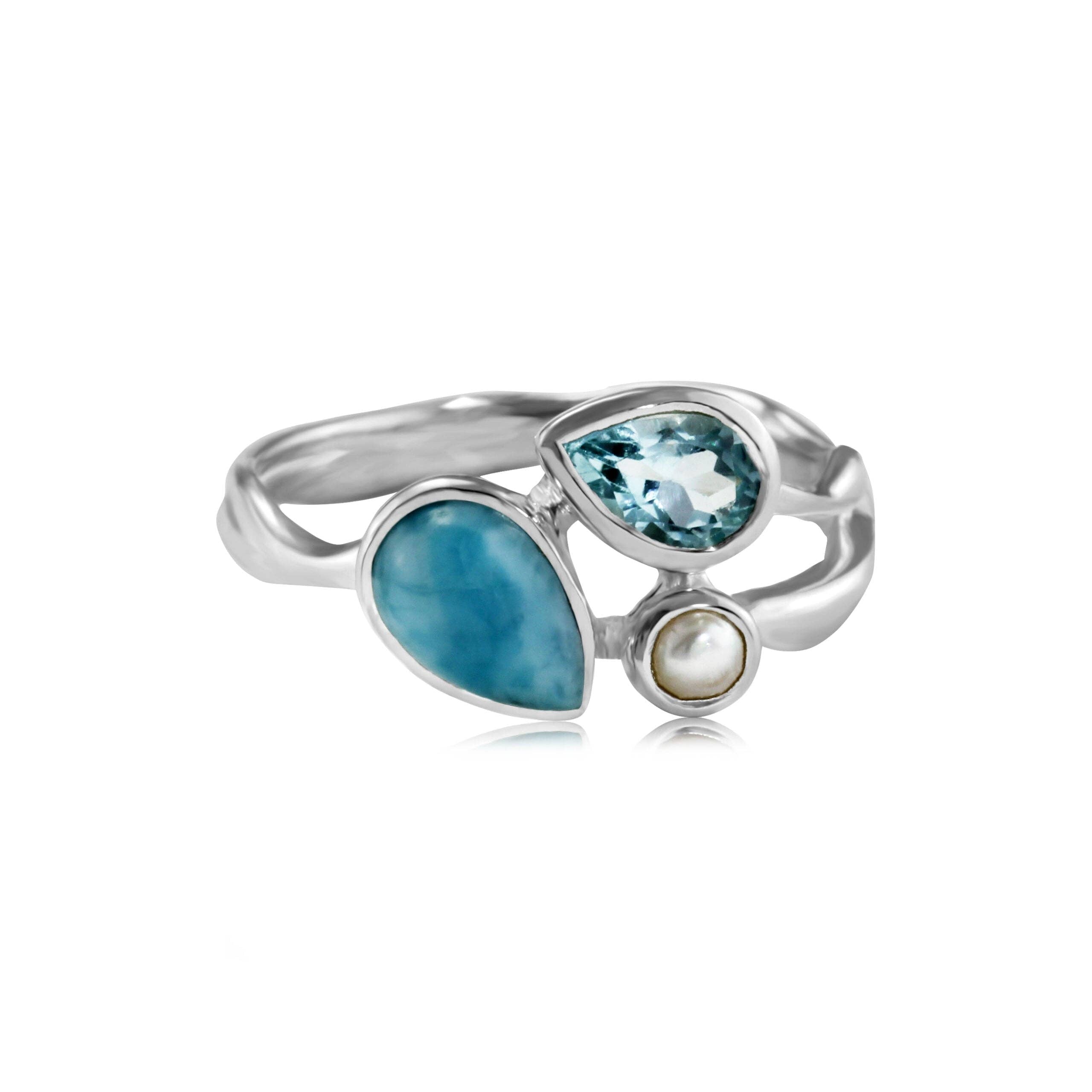 Larimar, Blue Topaz and Freshwater Pearl Trio Ring: Sterling silver / R