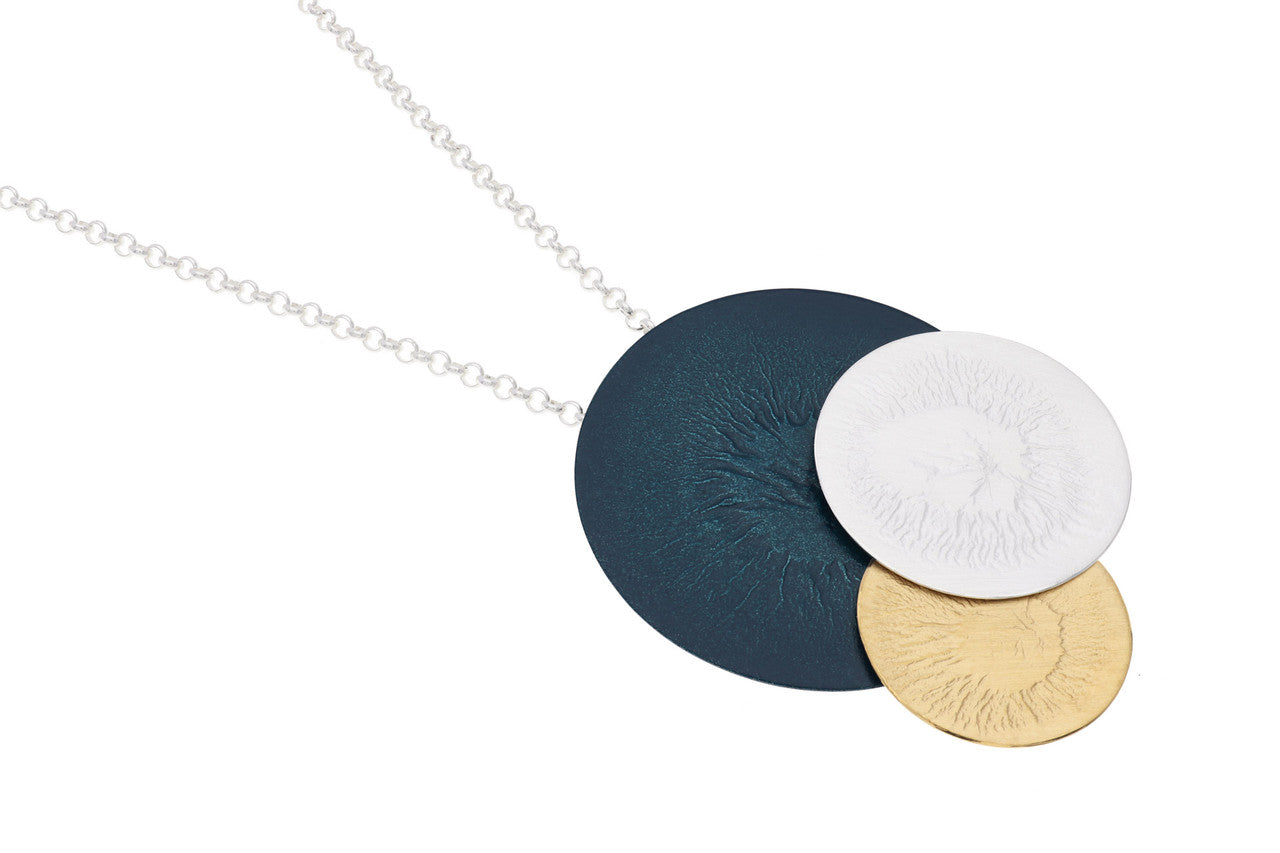 Turquoise and Gold Wrinkled Round Necklace Earrings Set