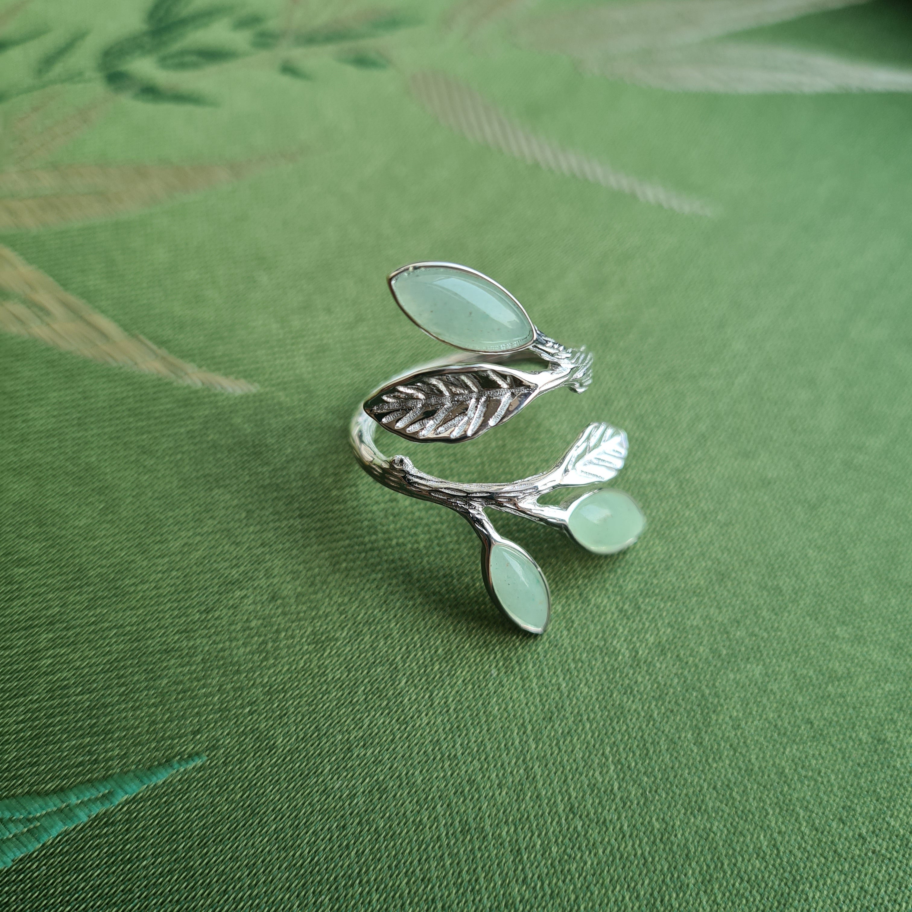 Sterling Silver with Green Aventurine Leafy Ring