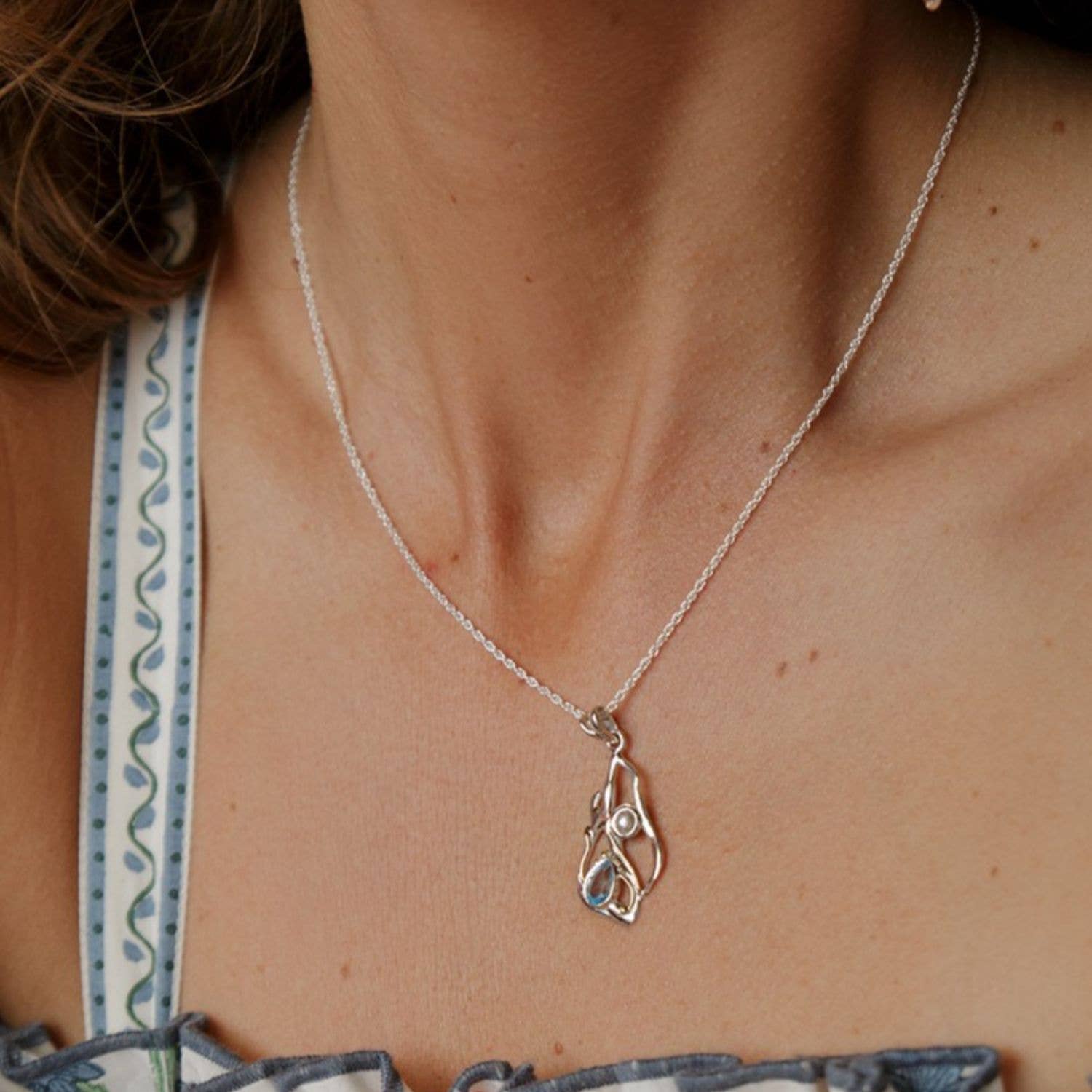 Handmade Blue Topaz and Pearl Sterling Silver Pendant