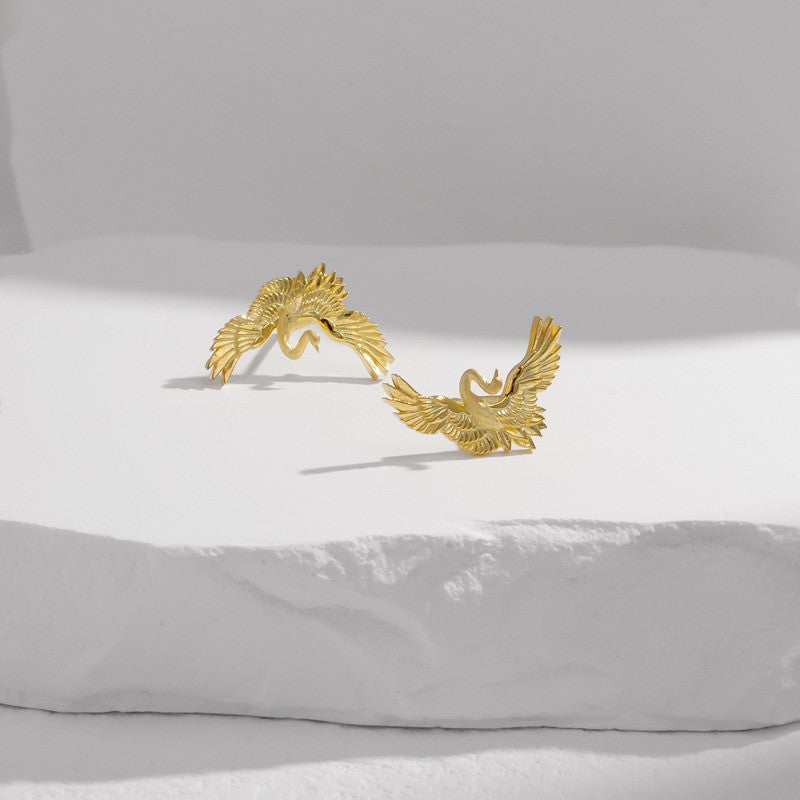 Botanic_garden_earrings_studs_sterling_silver_artificial_lapis_crane_bird_gold_plating