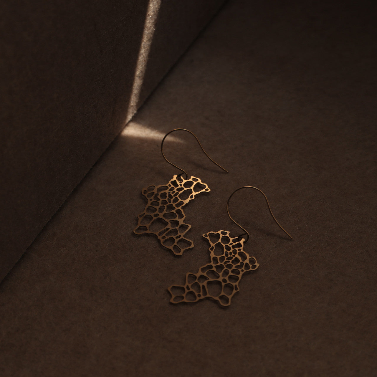 Moorigin_laser_cut_jewellery_lightweight_drop_earrings_gold_plated_stainless_steel_weathered_rock_geometric