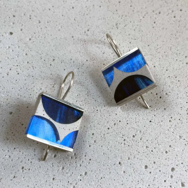 Blue & Concrete Square Modernist Drop Earrings