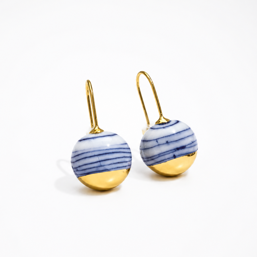 Blue and Gold Porcelain Earrings with Subtle Lines