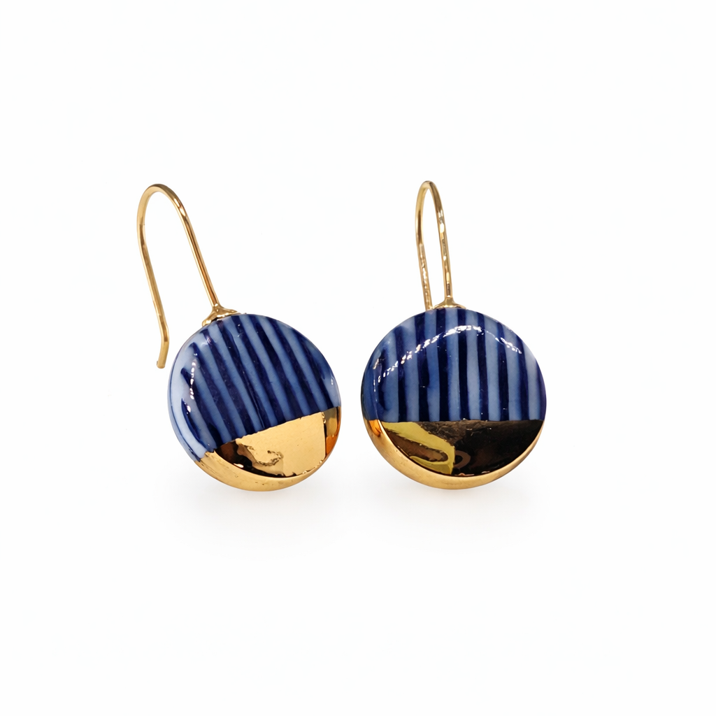 Blue and White Vertical Striped Porcelain Earrings