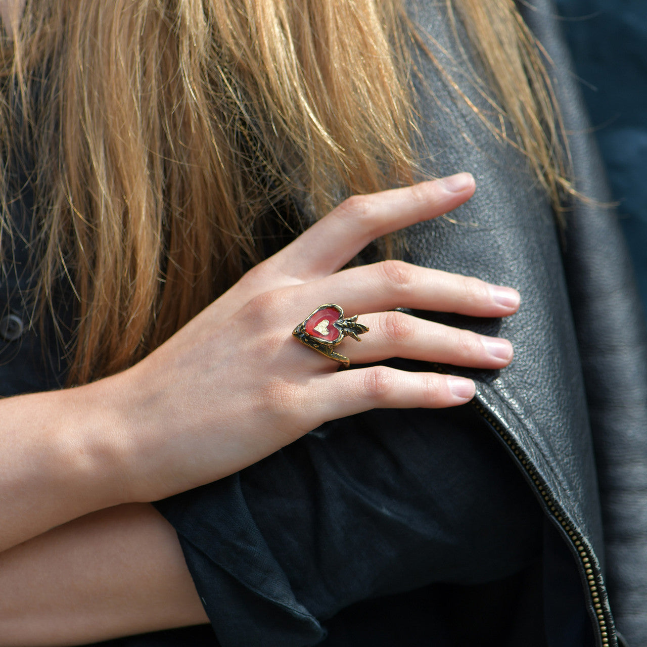 Elassaad_handmade_jewellery_ring_tortured_heart_red_enamel_gold_plated_brass