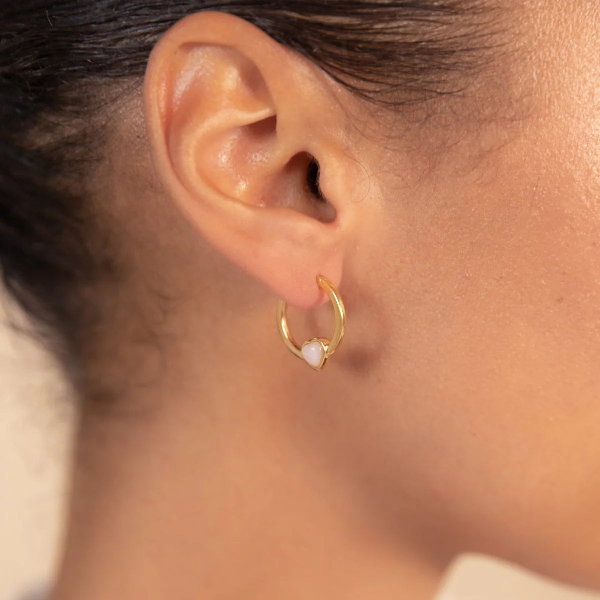 Gold Pink Opal Heart Hoop