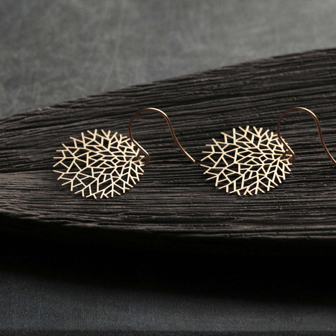 Moorigin jewellery Woods gold earrings, laser cut, delicate, boutique, Edinburgh
