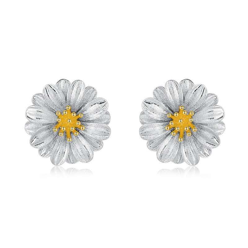 Large silver Daisy Flower Sunflower Necklace Earrings