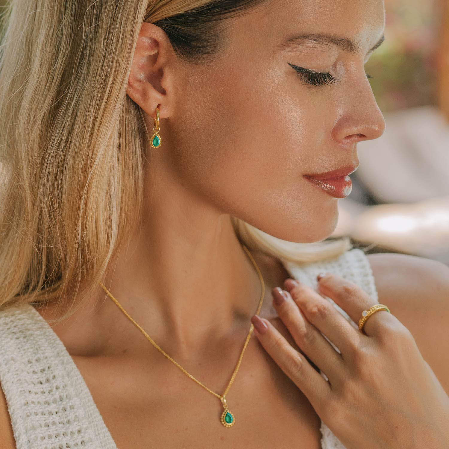 May Birthstone Huggie Hoops - Green Onyx