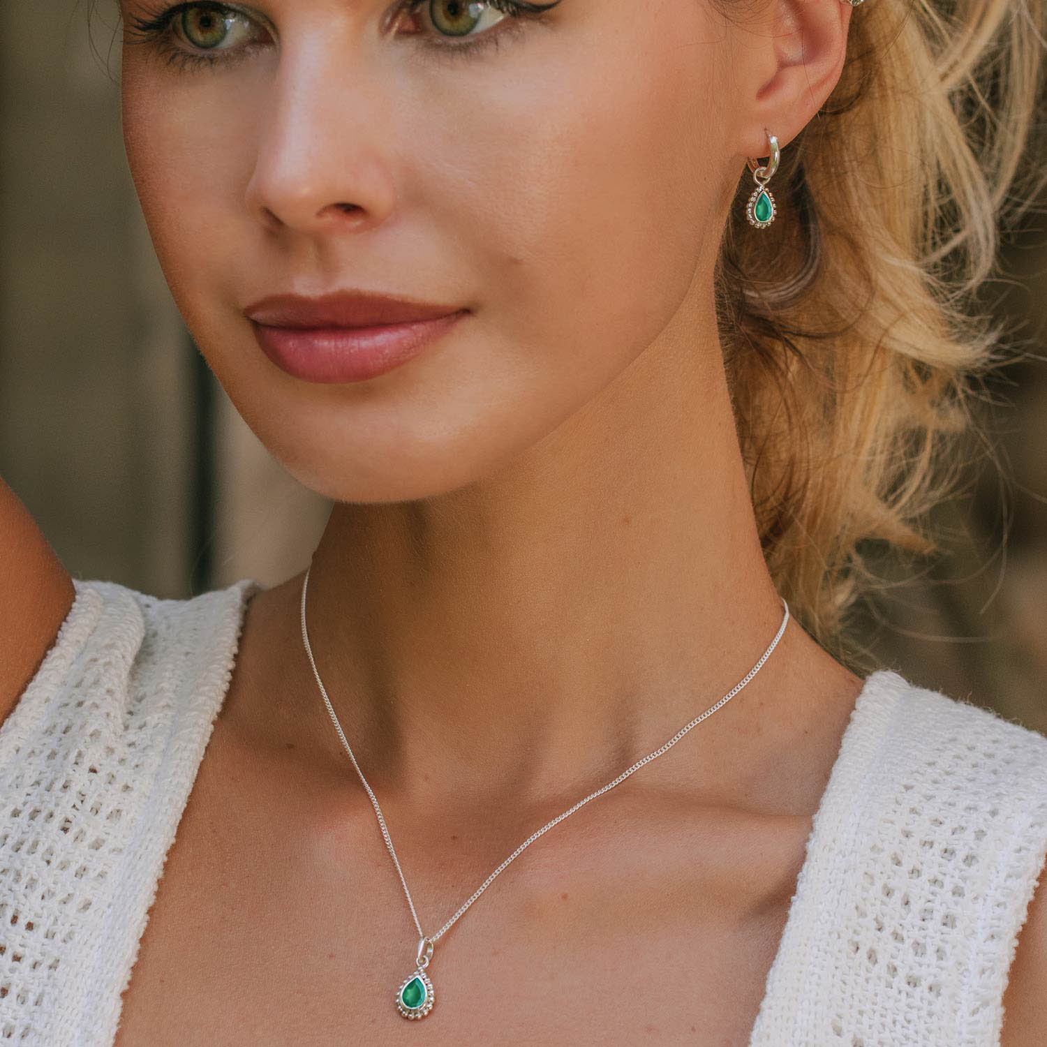 May Birthstone Huggie Hoops - Green Onyx