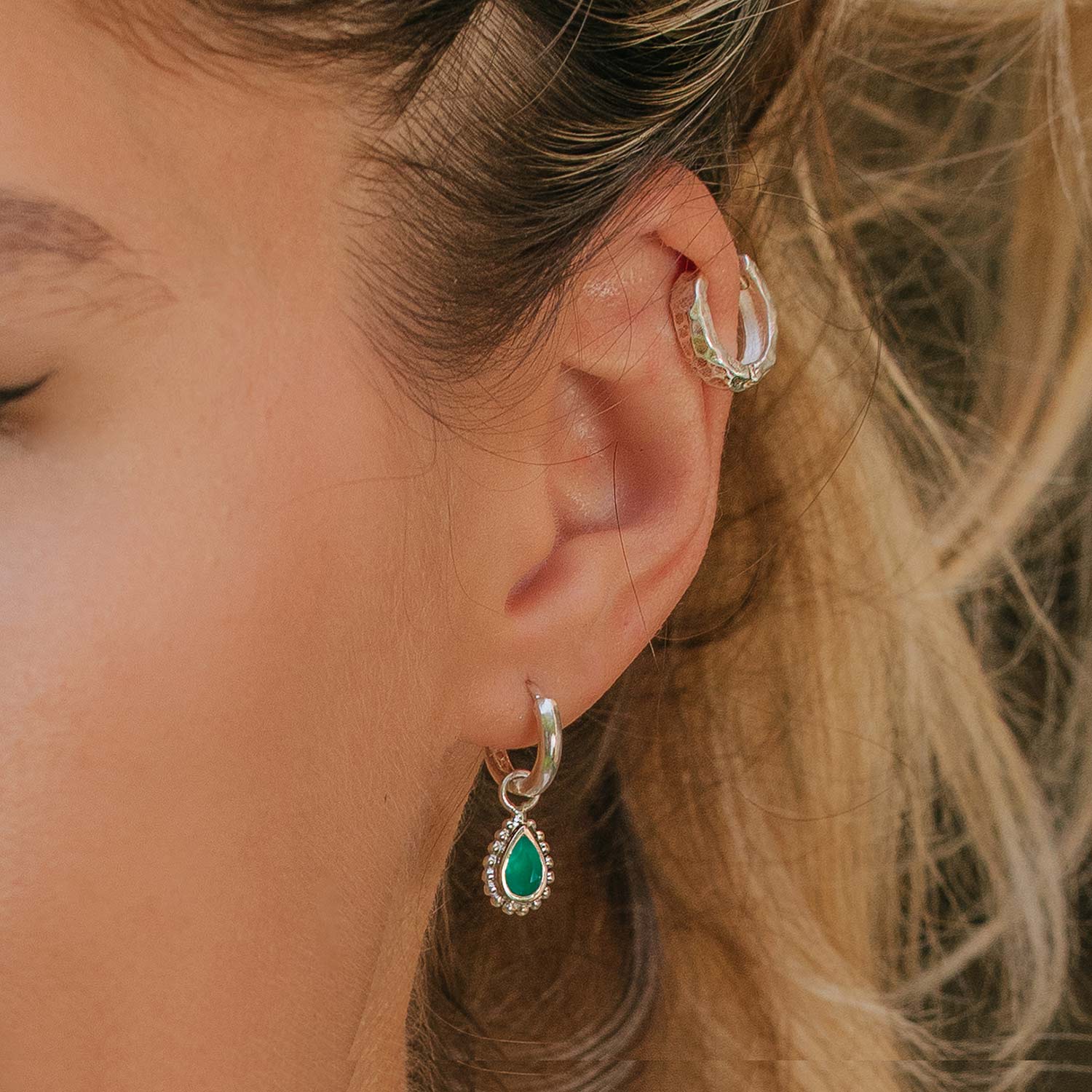 May Birthstone Huggie Hoops - Green Onyx