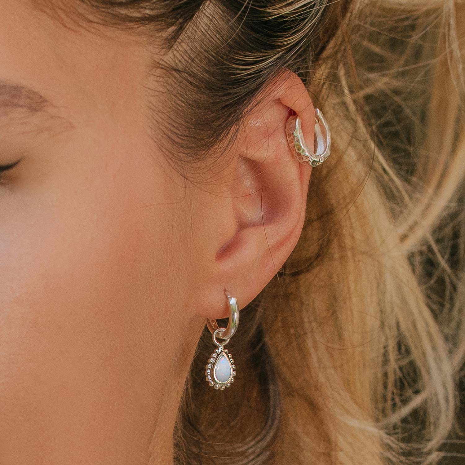 October Birthstone Huggie Hoops - Opal
