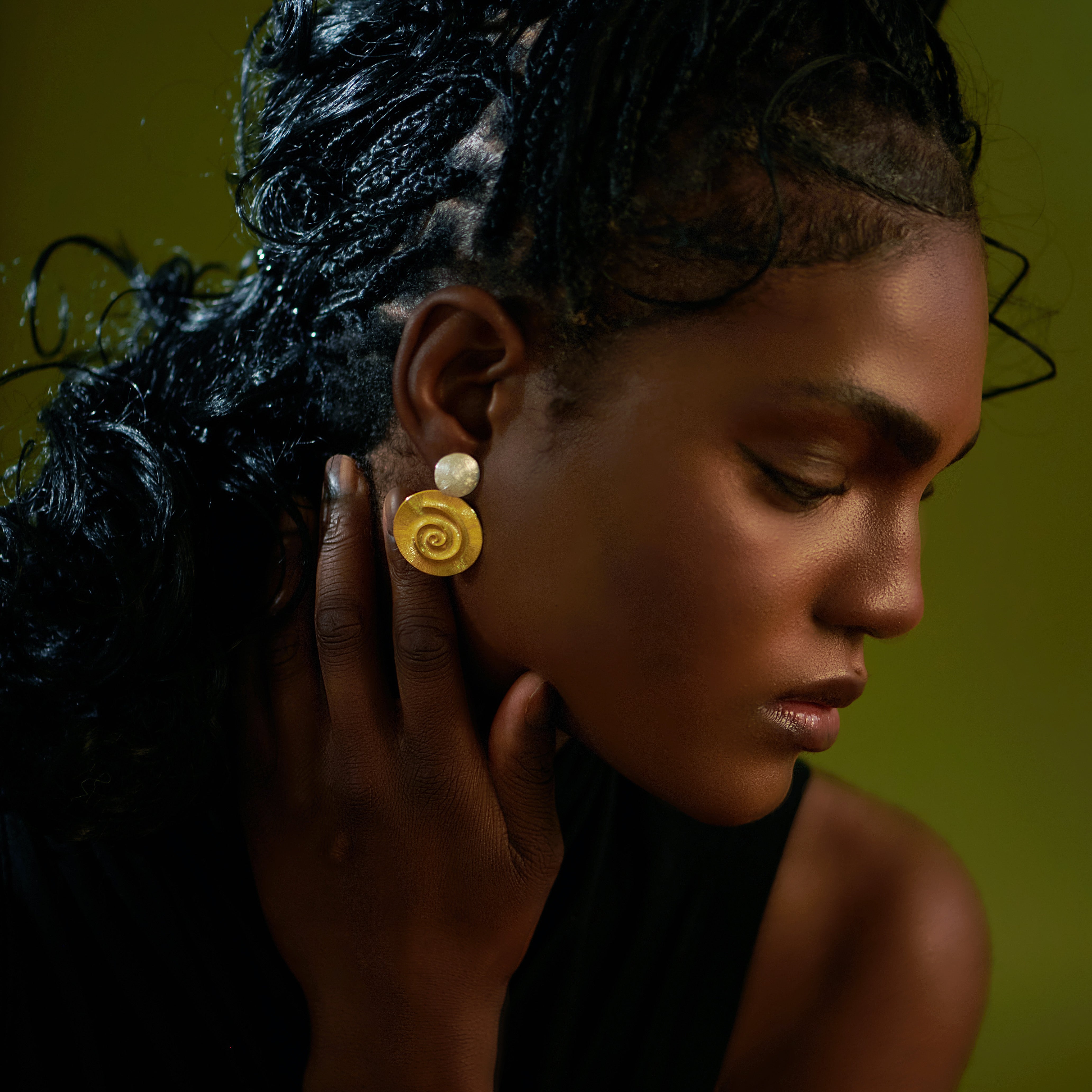 Large Mixed Tone Disc Earrings with Swirl Design