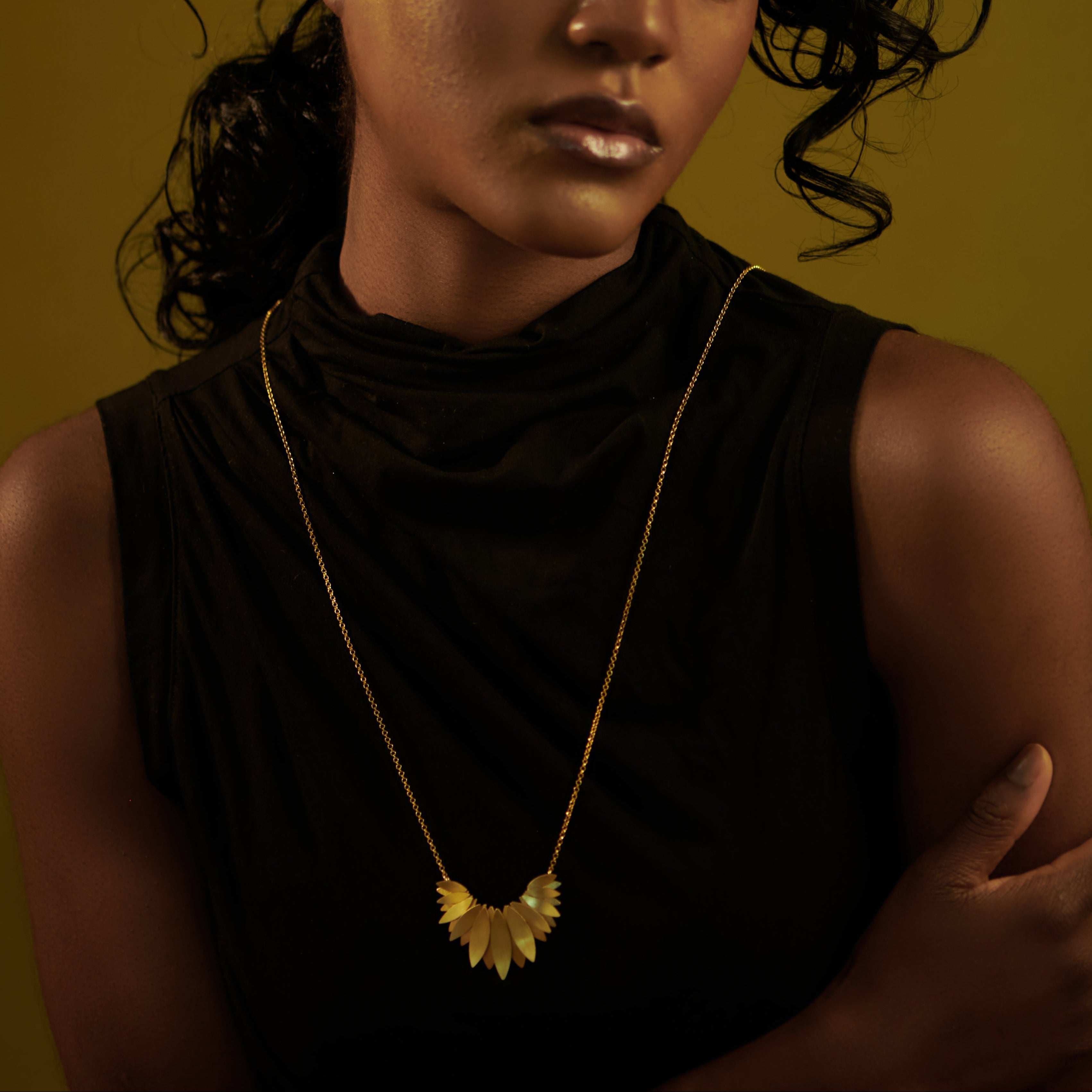 Brushed Gold Vermeil Silver Statement Long Necklace with Layered Petal Design