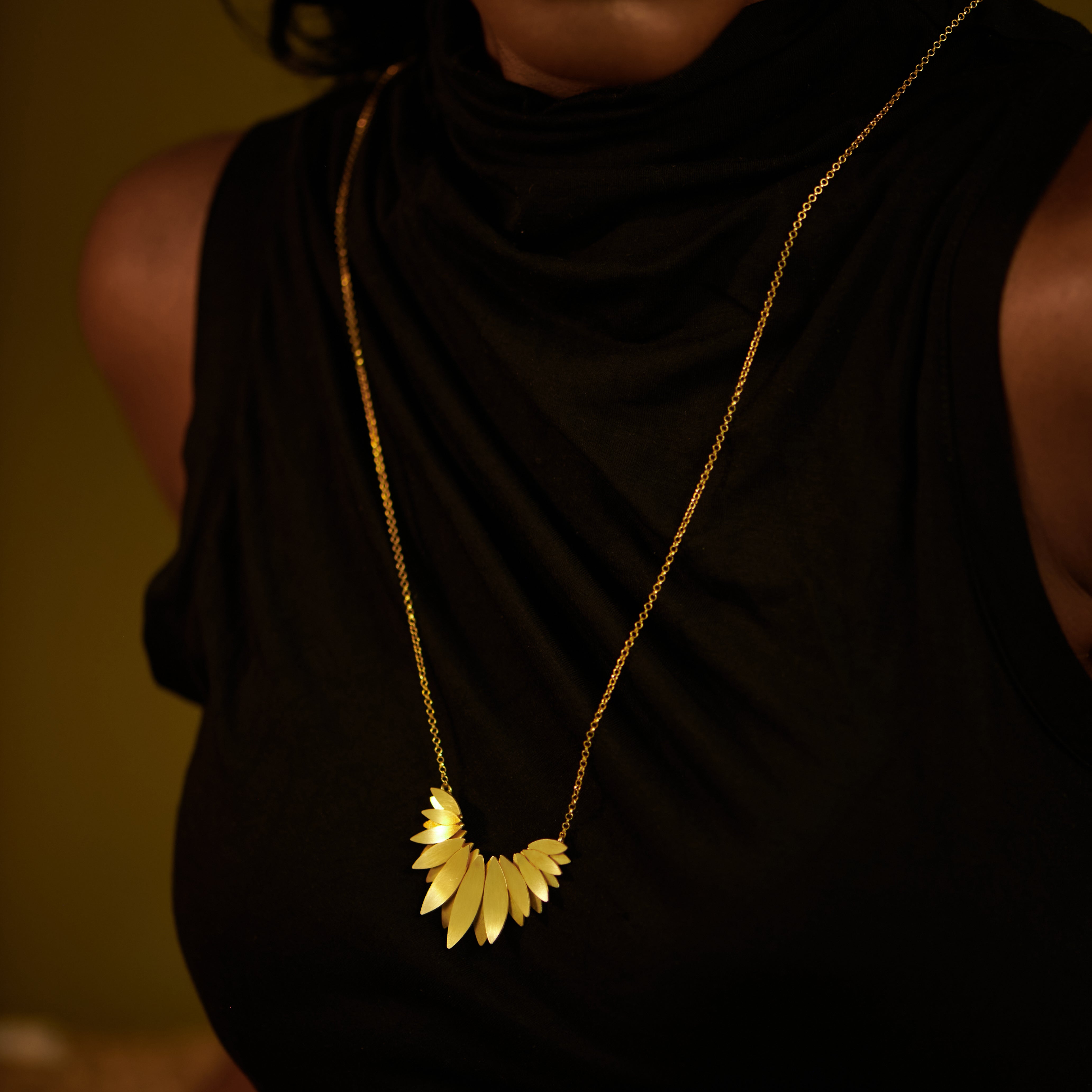 Brushed Gold Vermeil Silver Statement Long Necklace with Layered Petal Design