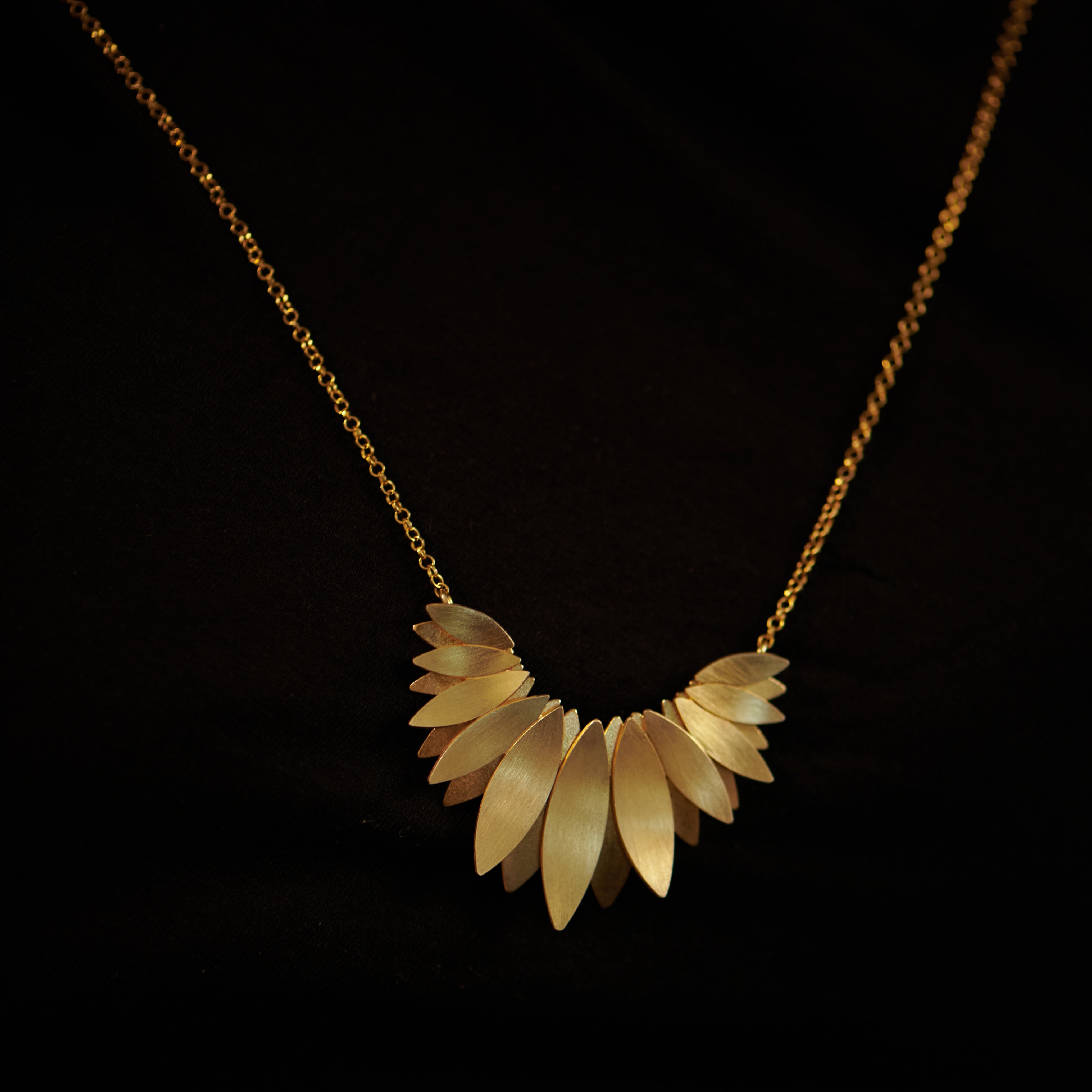 Brushed Gold Vermeil Silver Statement Long Necklace with Layered Petal Design