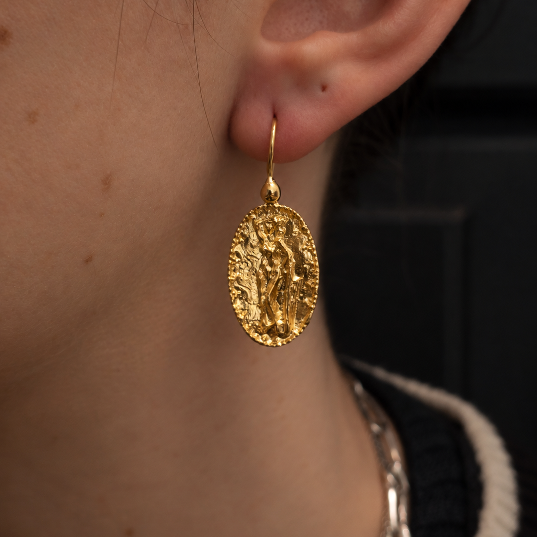 Gold Vermeil Embossed Roman Woman Drop Hook Earrings