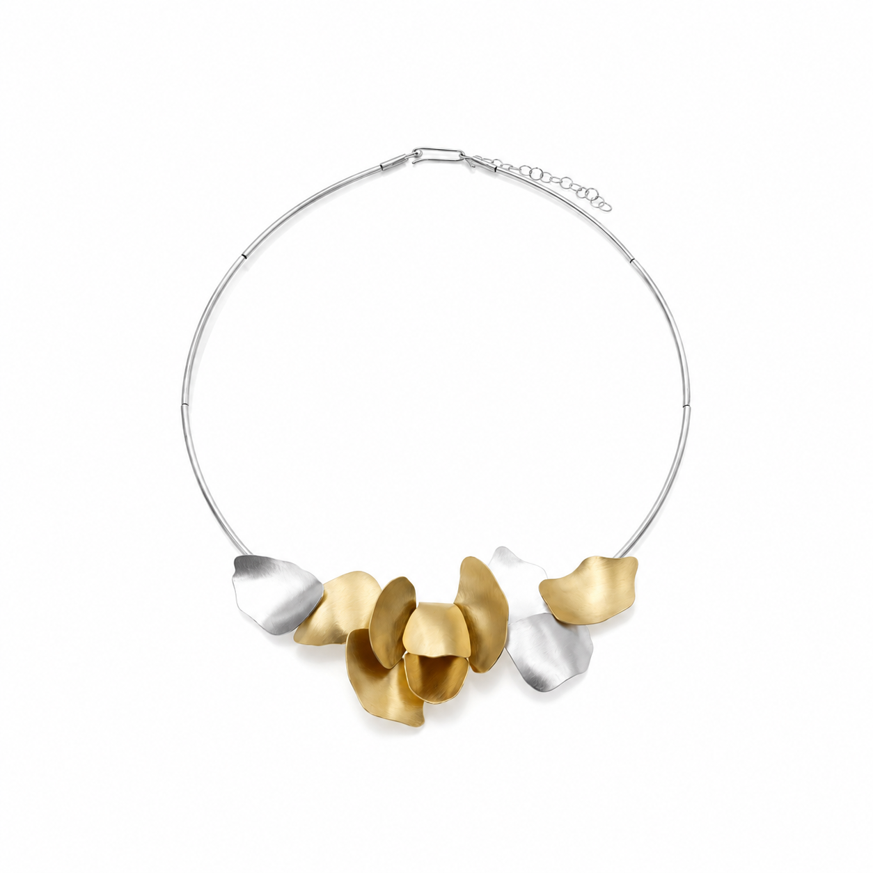 Matte Gold & Silver Floral Modern Sculptural Flower Collar Necklace