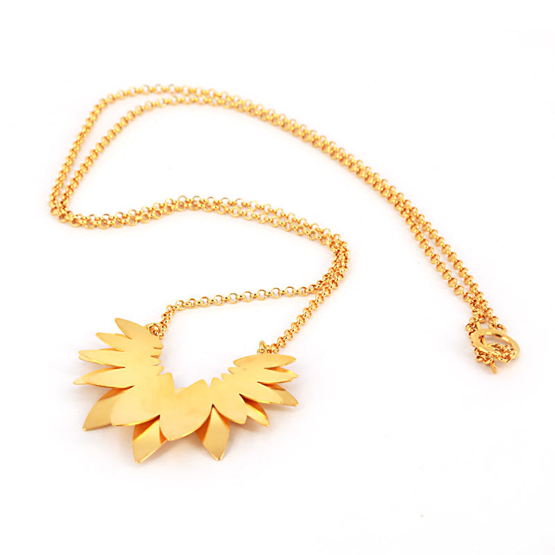 Brushed Gold Vermeil Silver Statement Long Necklace with Layered Petal Design