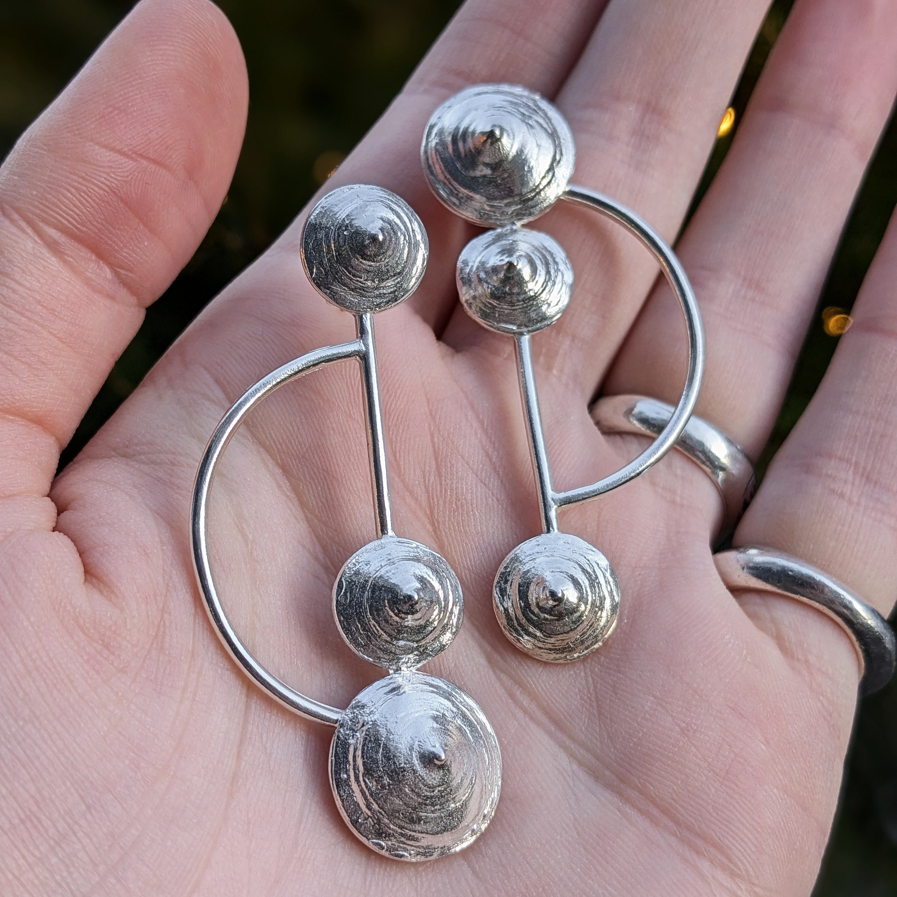shellfish large circular silver drop earrings