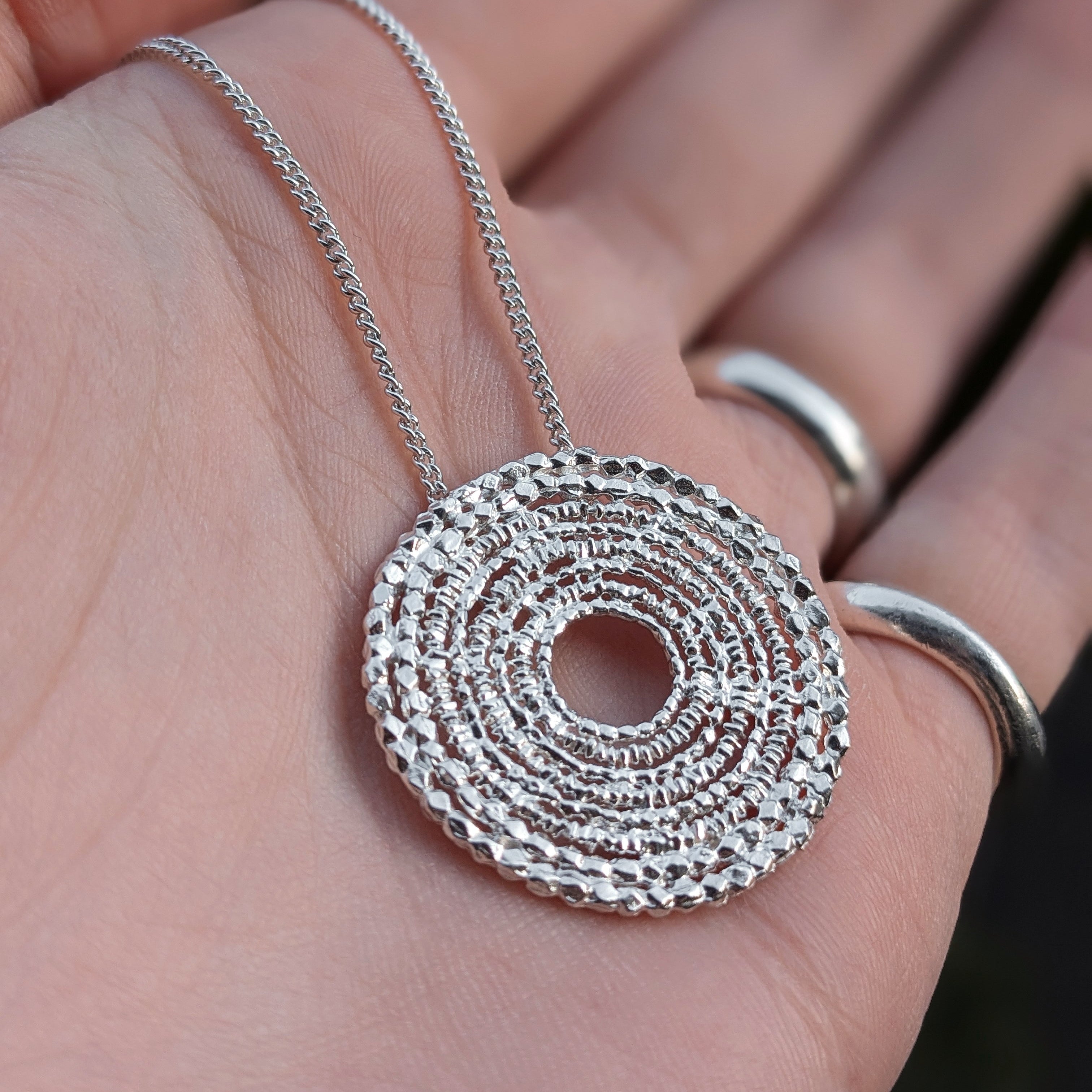 Large Sterling Silver Textured Circle Necklace