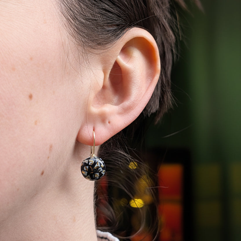 Black with Gold Confetti Porcelain Earrings