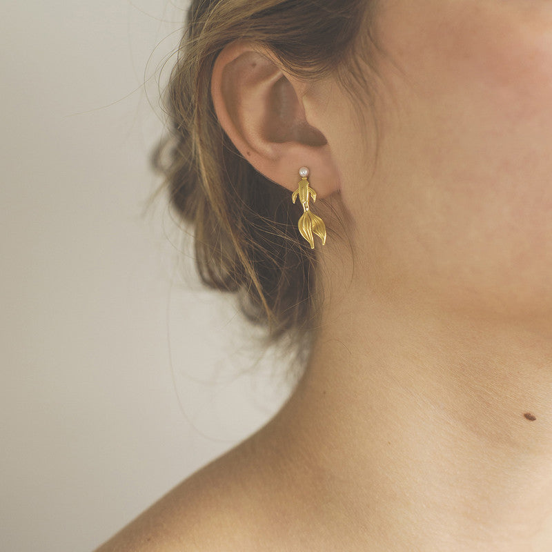 22k Gold Plated Solid Koi Earrings with Freshwater Pearls