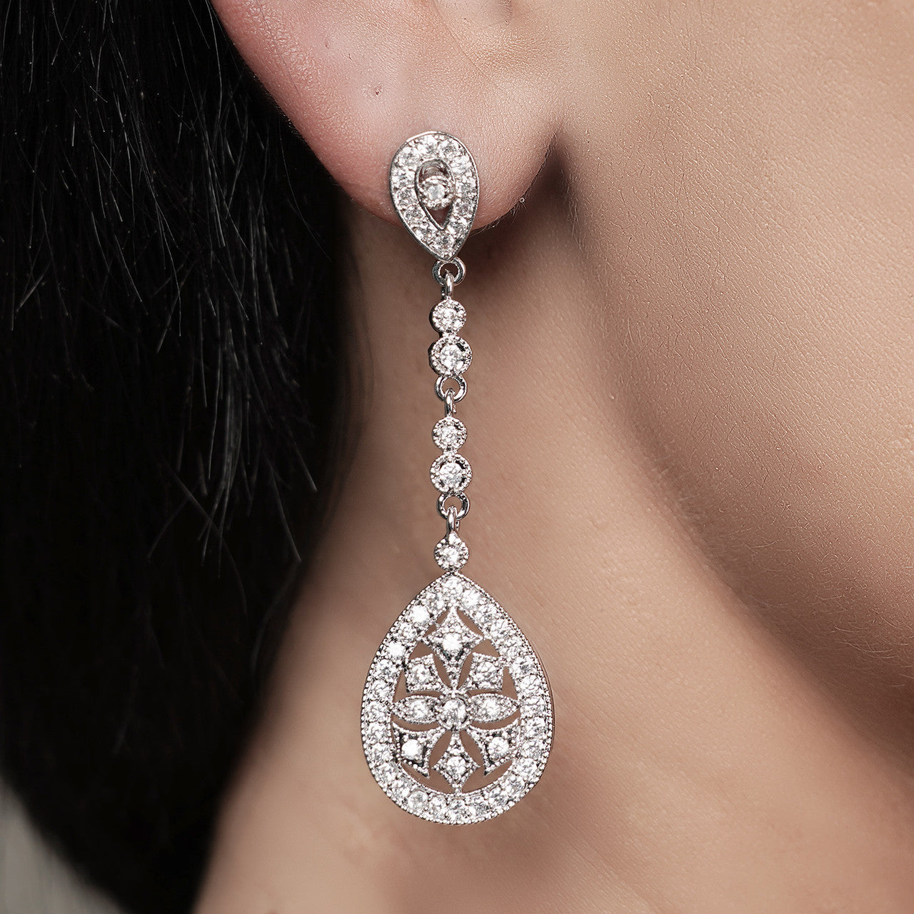 bridal earrings, bridal jewellery, bridesmaid jewellery, art deco, vintage styled, long, drop, large teardrop, eye-catching, wedding