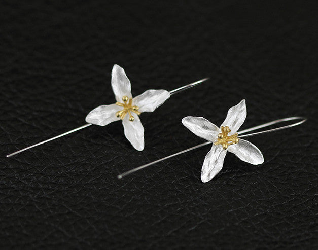 Sterling Silver and Gold Plating Long 'Trillium' Flower Earrings