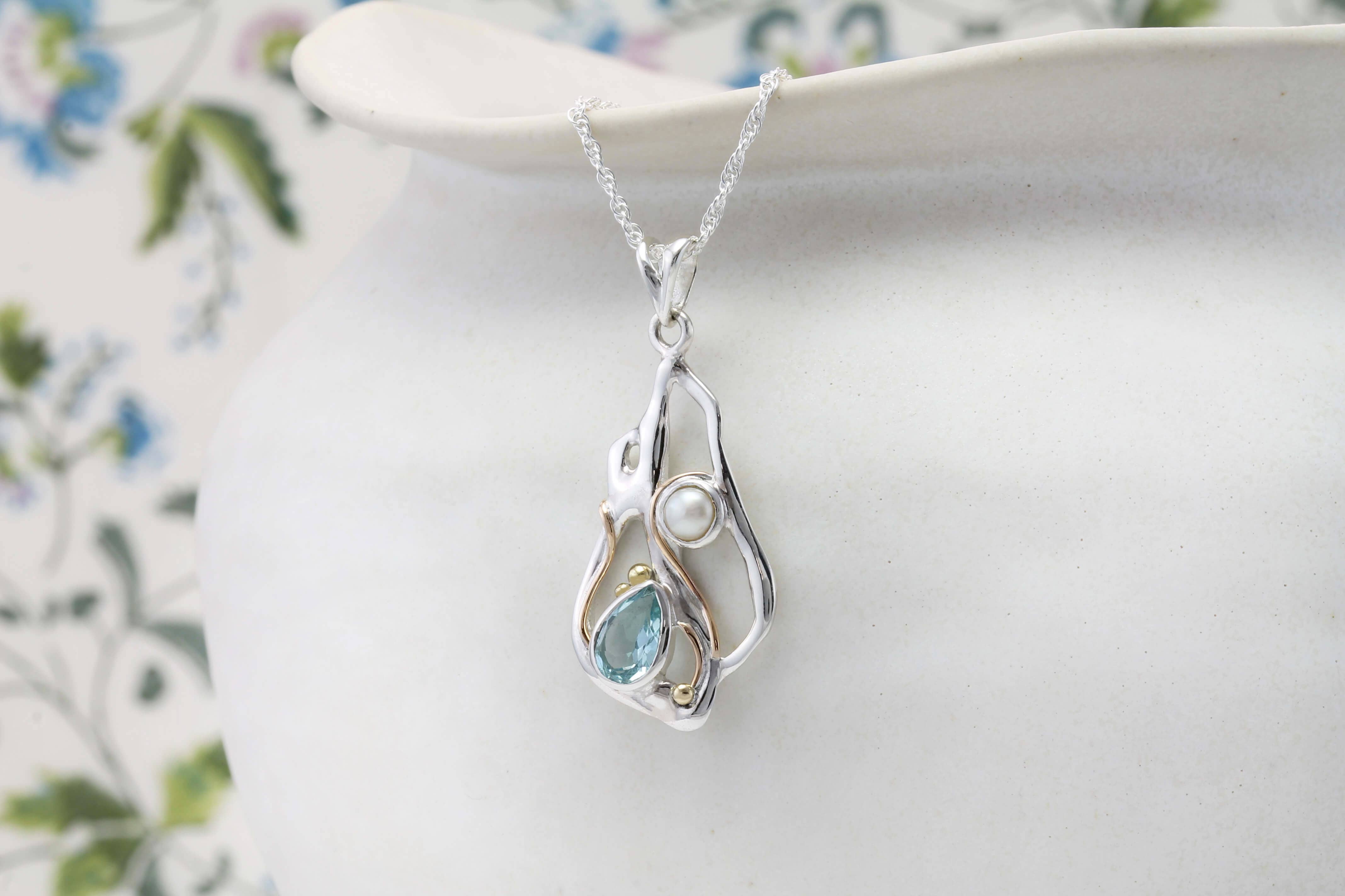 Handmade Blue Topaz and Pearl Sterling Silver Pendant