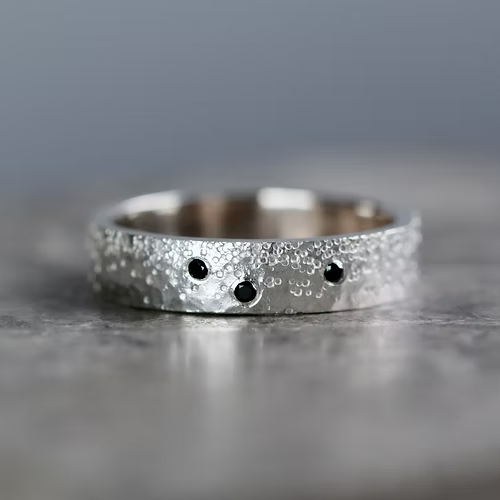 Silver Stipple 3 Black Diamond Ring