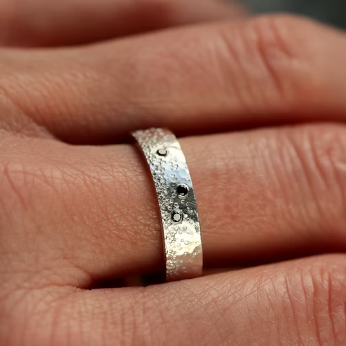 Silver Stipple 3 Black Diamond Ring
