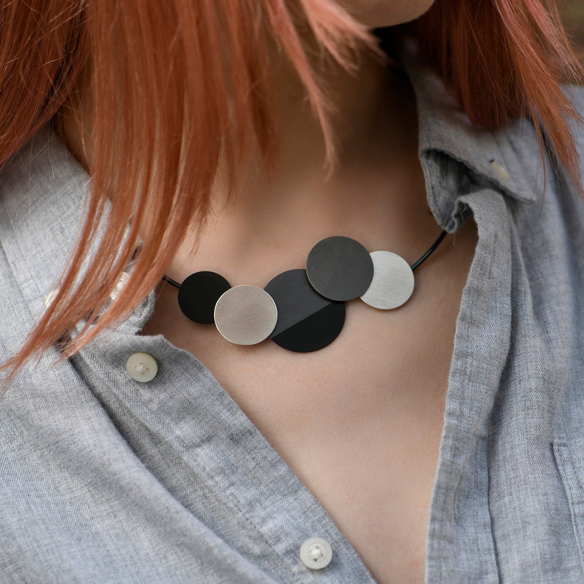 Silver and Oxidised Black Statement Geometric Circle Necklace