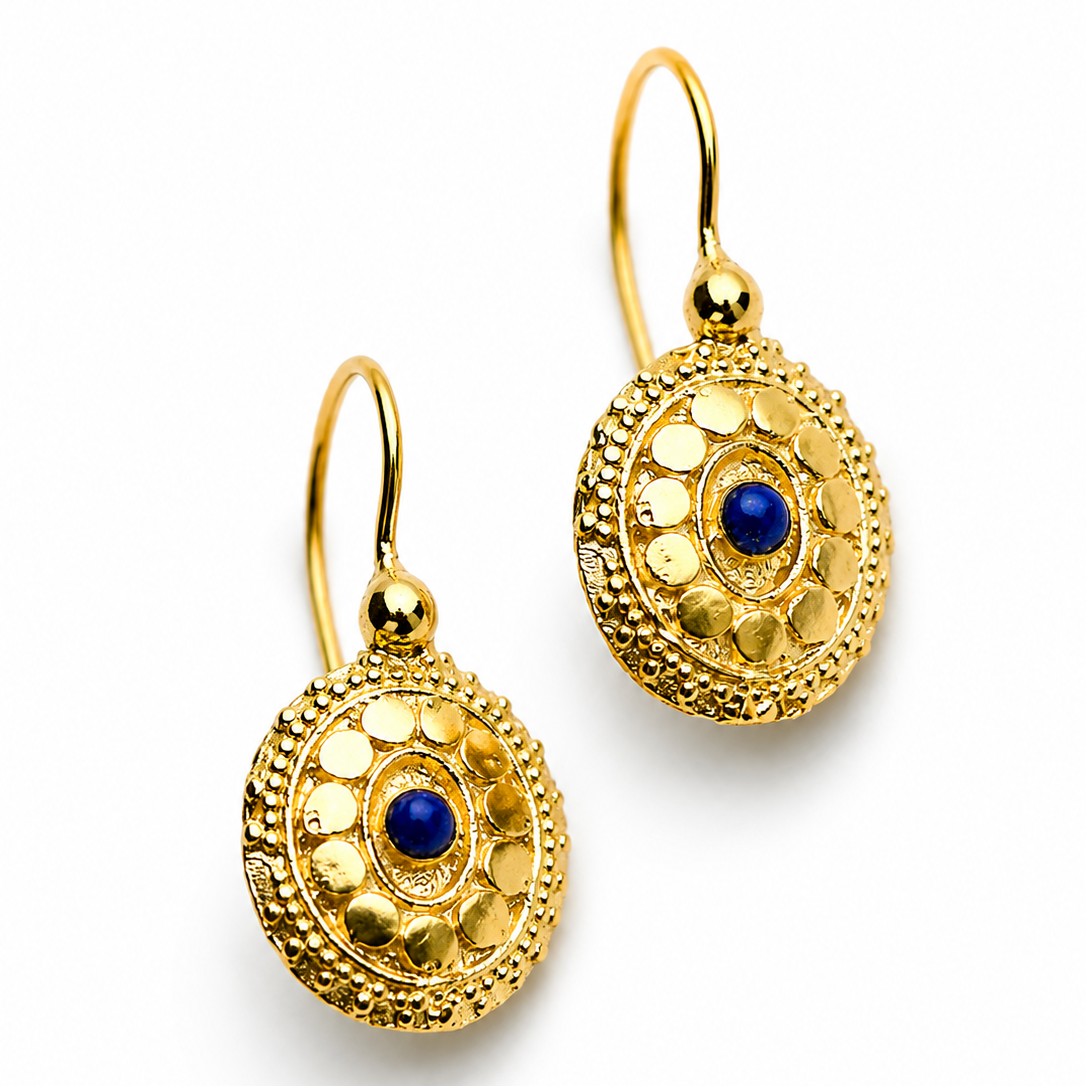 Gold Vermeil Decorative Oval Earrings with Lapis
