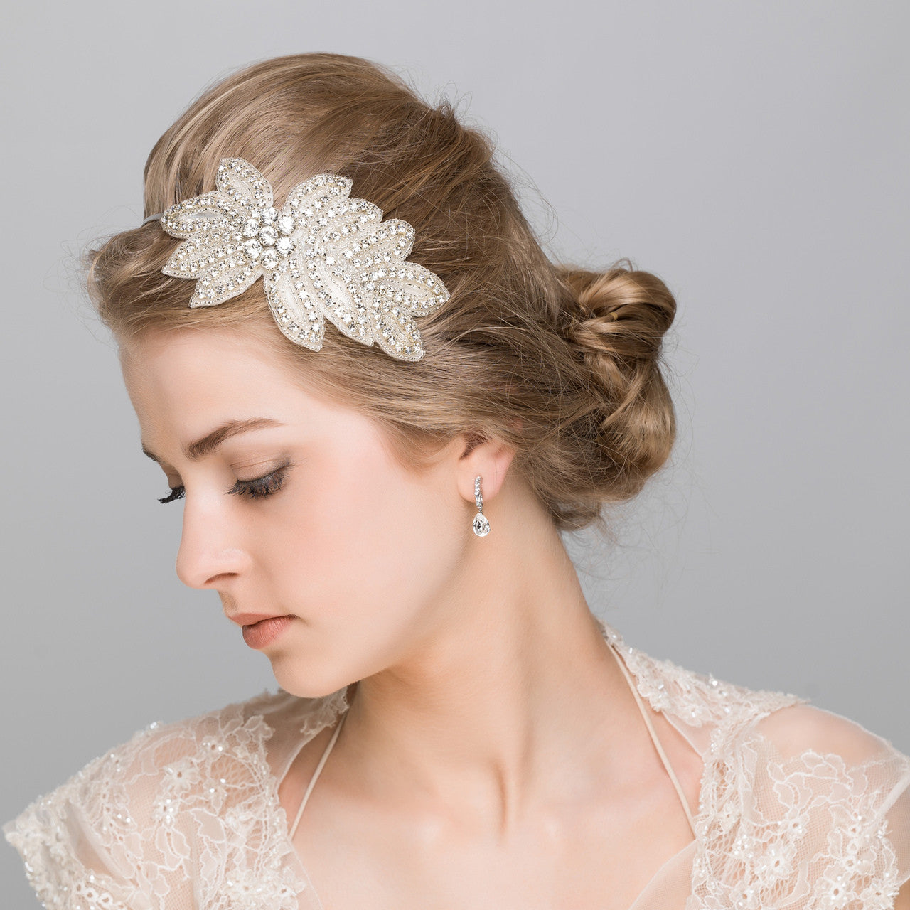'Demetria' Diamante Leafy crystal applique wedding headband