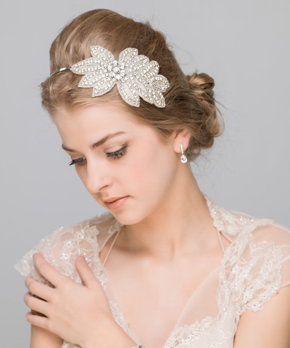 'Demetria' Diamante Leafy crystal applique wedding headband