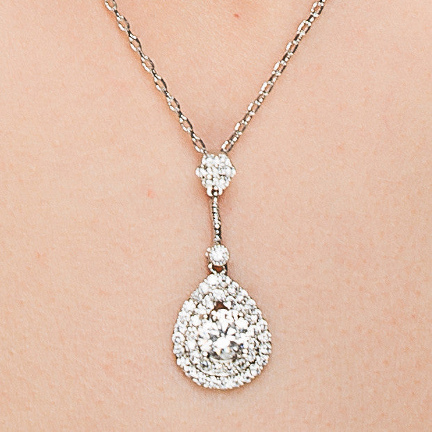 diamonte cluster of crystal wedding bridal silver drop necklace pendant
