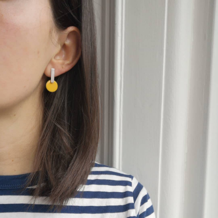 Silver Bar & Enamel Dot Earring