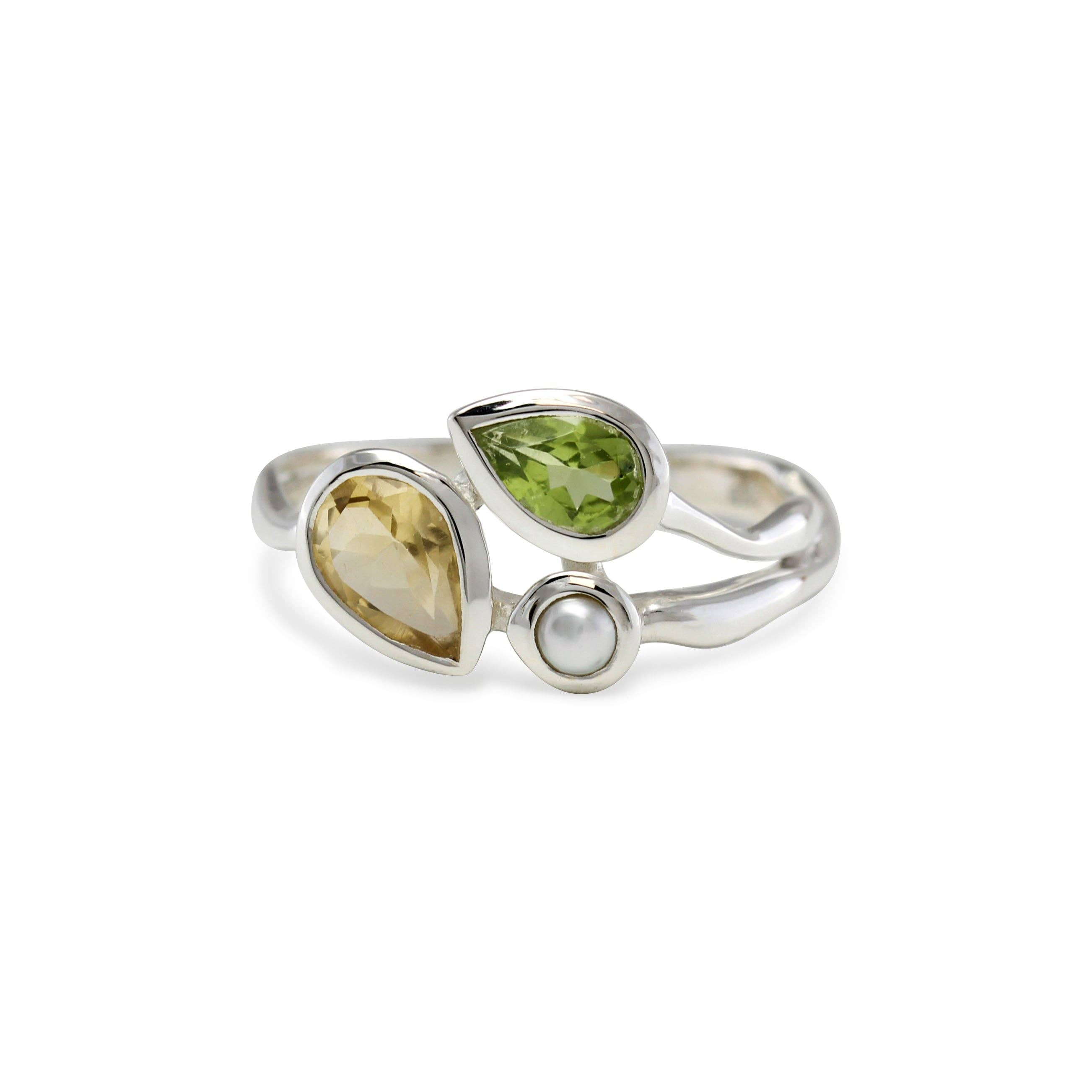 Peridot, Pearl and Citrine Silver Ring: R