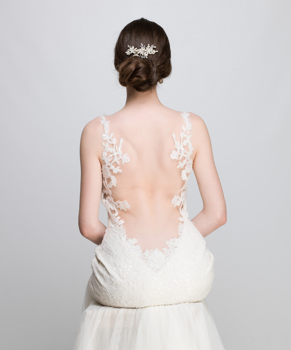 'Elaine' Curved Ivory White Bridal Pearl & Crystal Hair Comb
