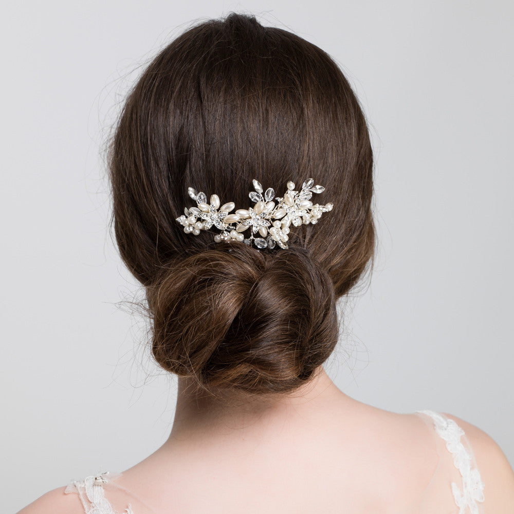 'Elaine' Curved Ivory White Bridal Pearl & Crystal Hair Comb