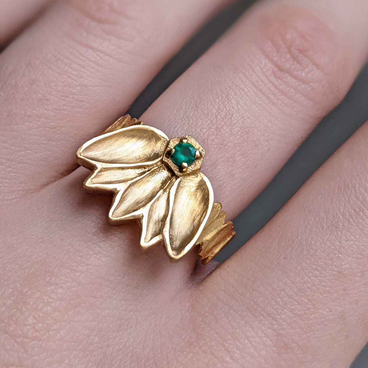 Elsa Mouzaki gold lotus flower ring with green onyx