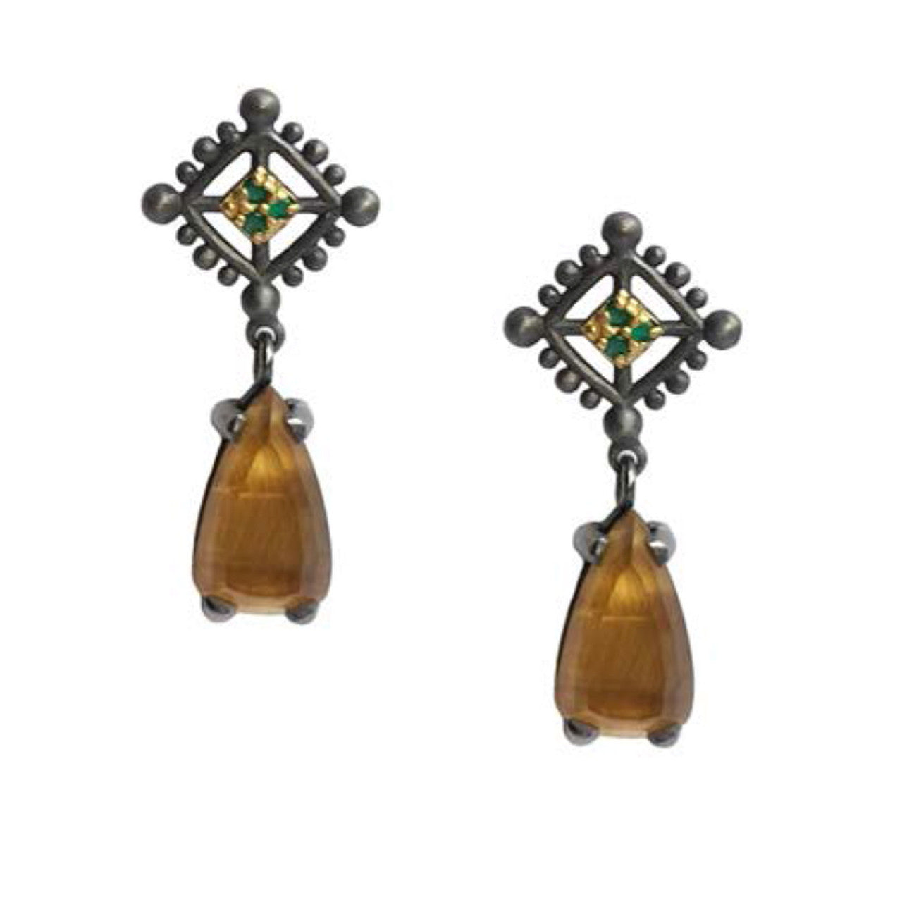 Elsa Mouzaki oxidised silver and tiger's eye drop earring studs