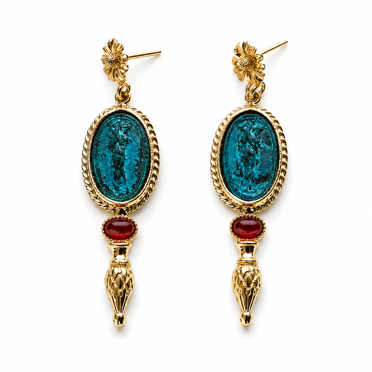 Large Drop Earrings with Patina Bronze and Red Stone