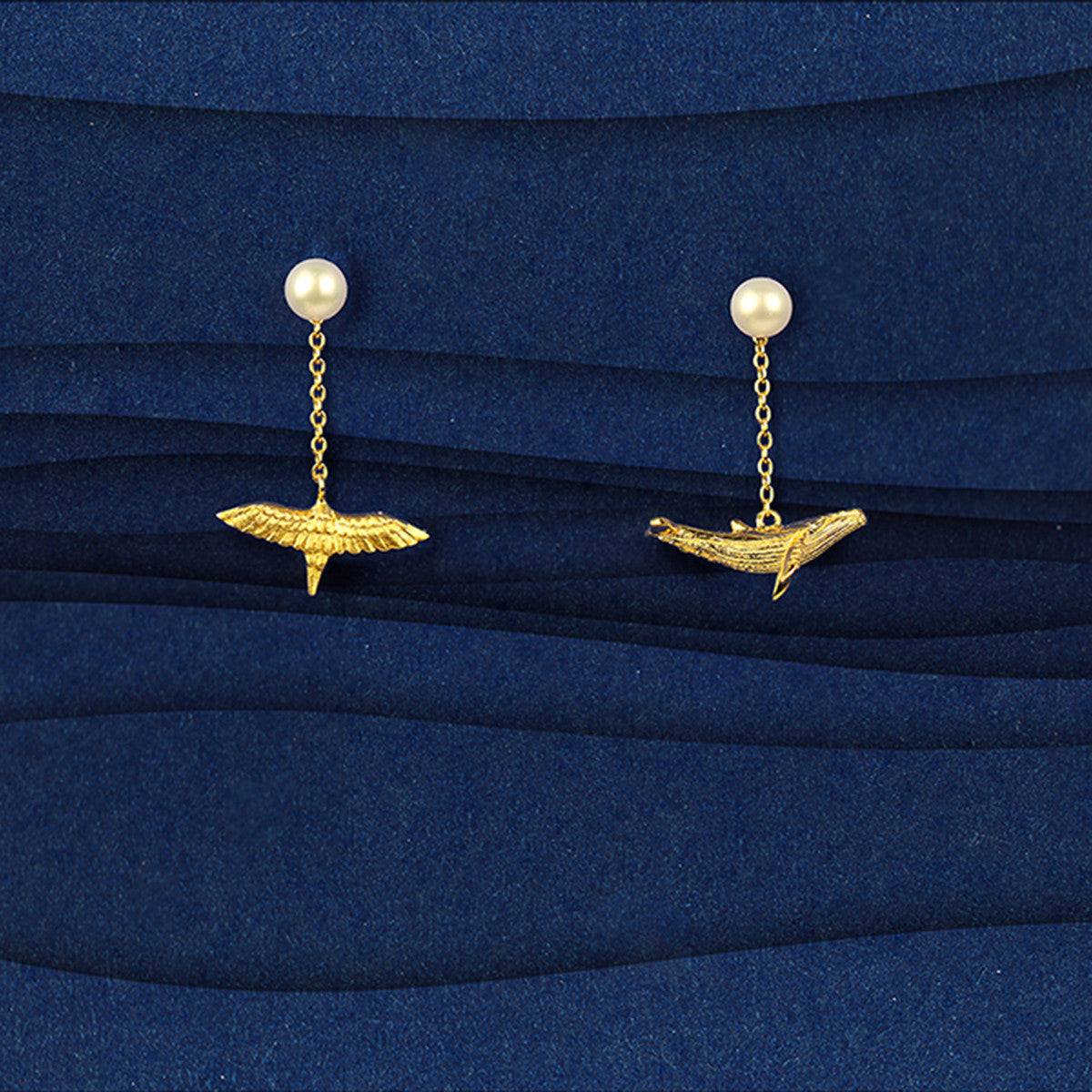 Shi Kou Er Jiong - Gold Vermeil Bird & Whale Mix and Match Pearl Drop Earrings