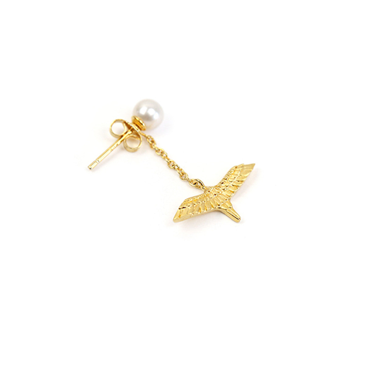 Shi Kou Er Jiong - Gold Vermeil Bird & Whale Mix and Match Pearl Drop Earrings