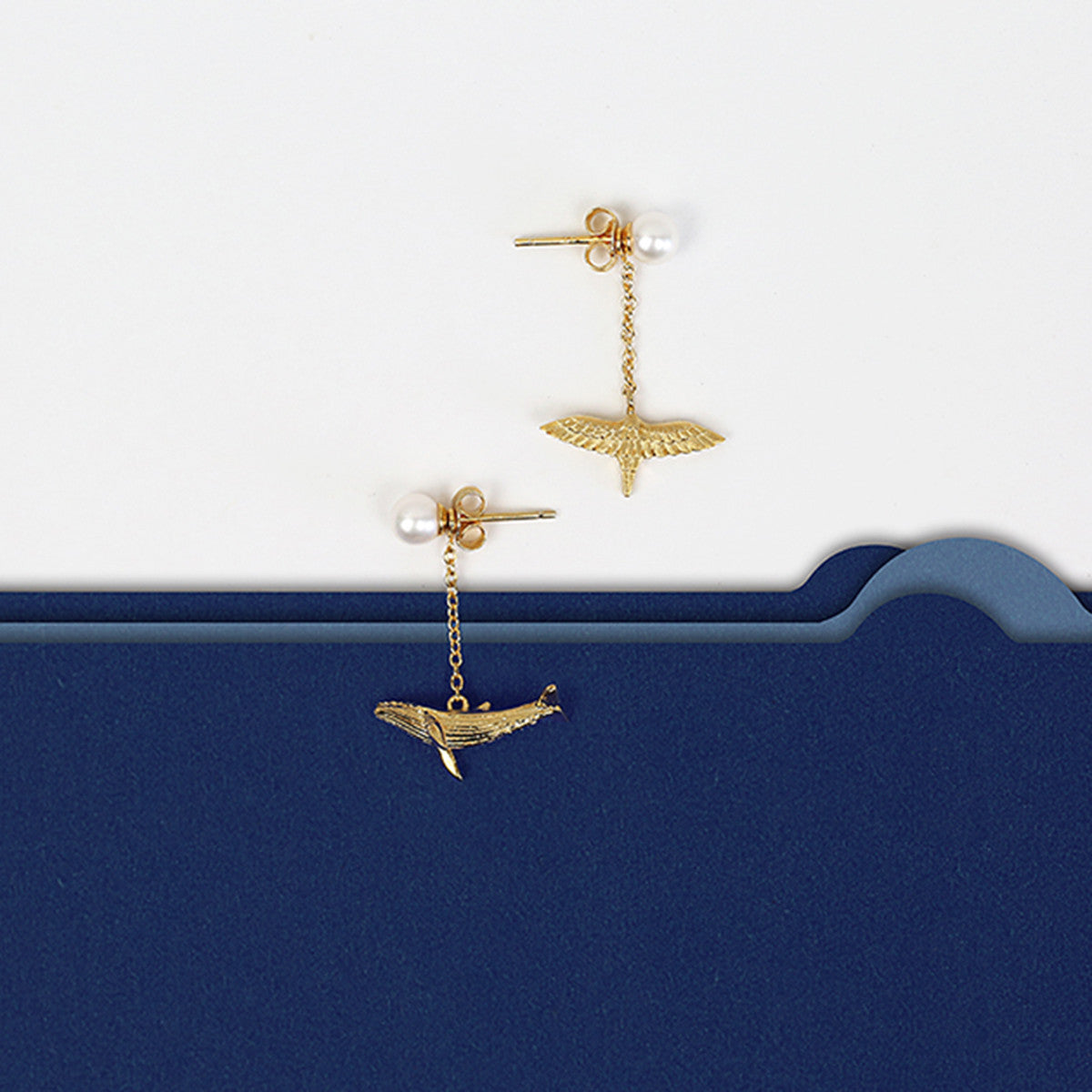 Shi Kou Er Jiong - Gold Vermeil Bird & Whale Mix and Match Pearl Drop Earrings