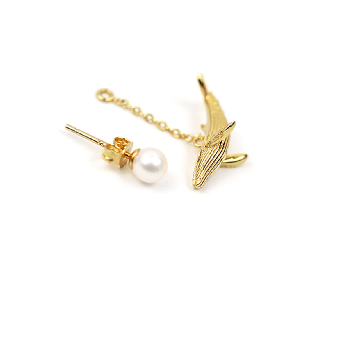 Shi Kou Er Jiong - Gold Vermeil Bird & Whale Mix and Match Pearl Drop Earrings
