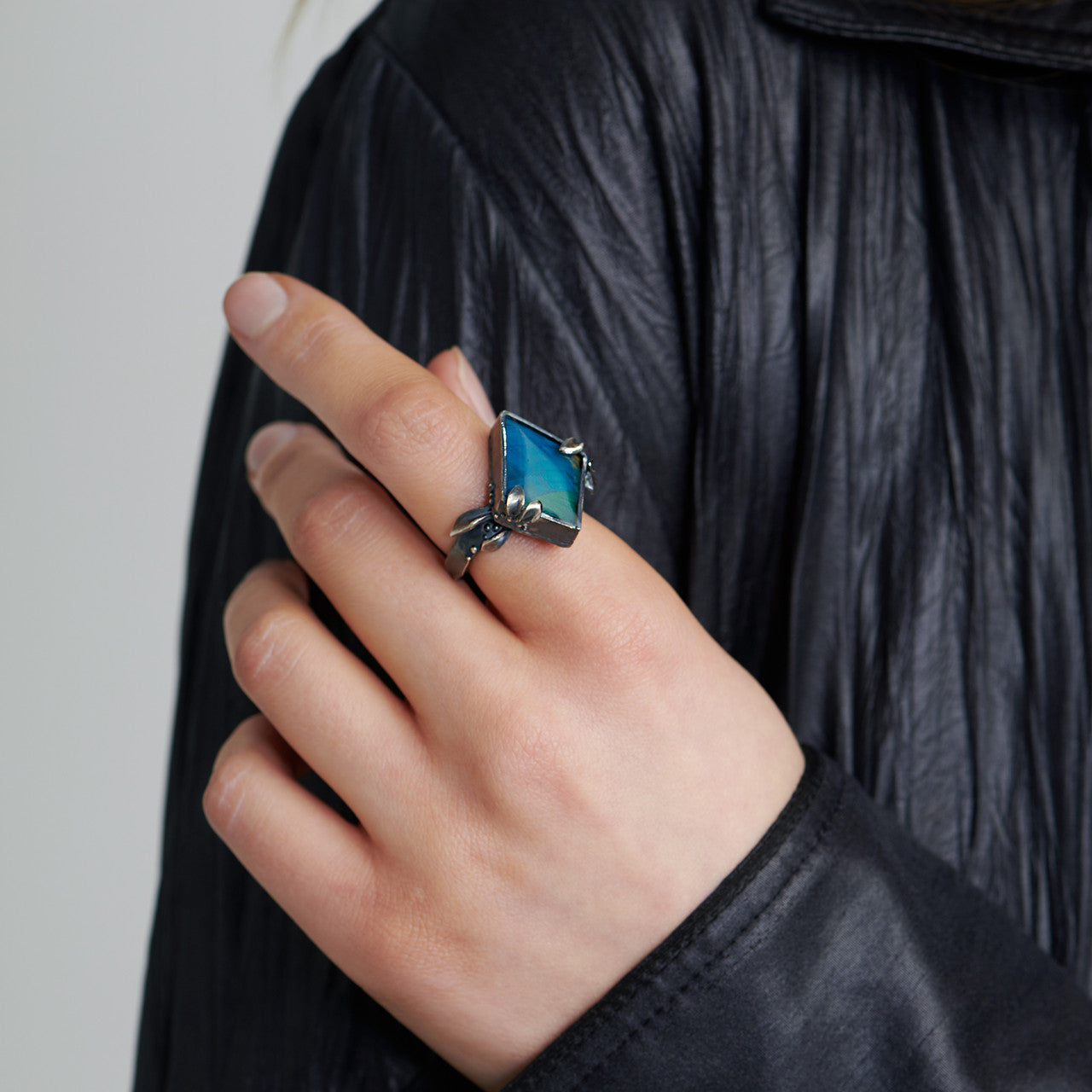 Holly Suzanna Clifford Paintly green and blue resin oxidised sterling silver diamond shaped ring